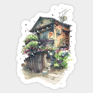 Japanese House With Flowers Sticker